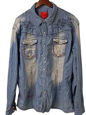 Patron Rock Roll Cowgirl Floral Embroidered Western Pearl Snap Denim Shirt XXL
